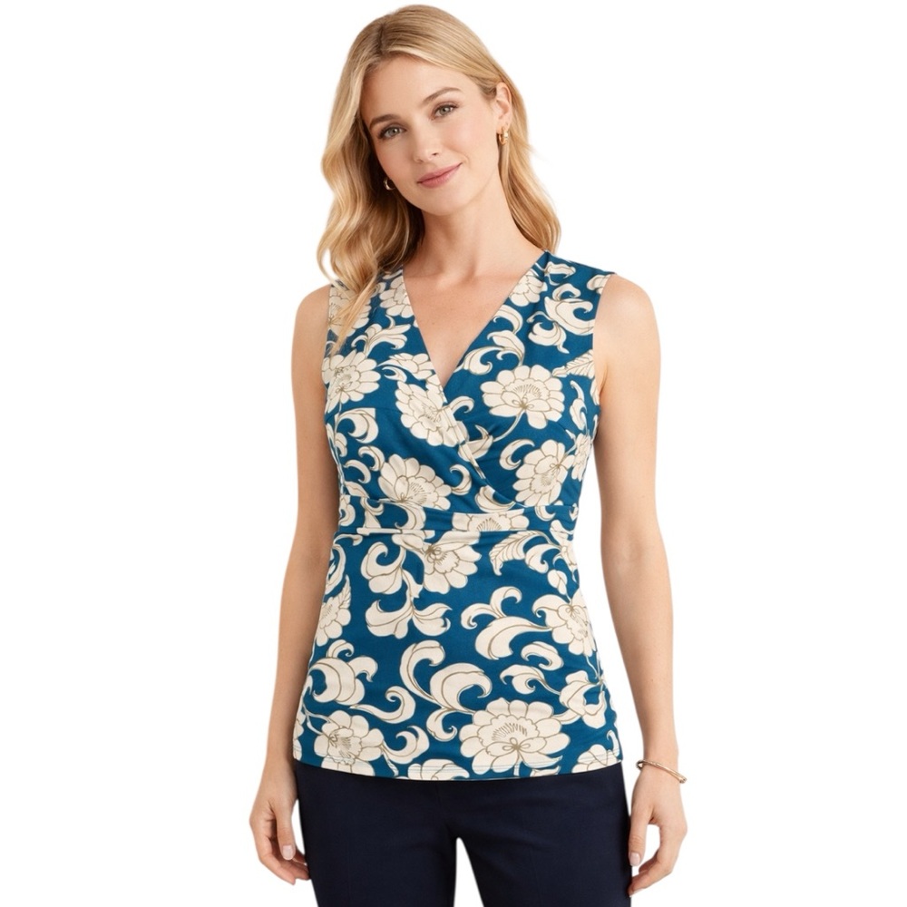 Vintage Ann Taylor Teal Blue Ivory Floral Blouse Size Small
